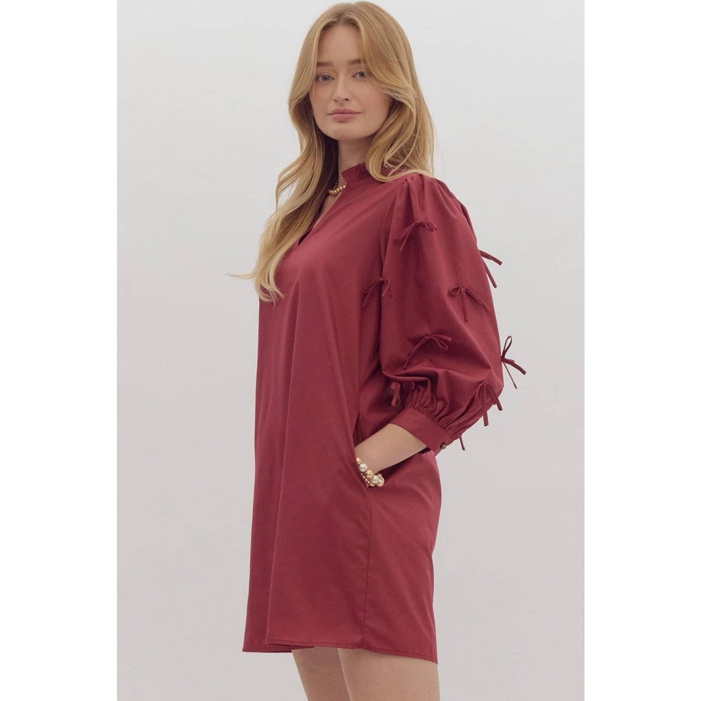 Solid ruffle neck mini pullover dress