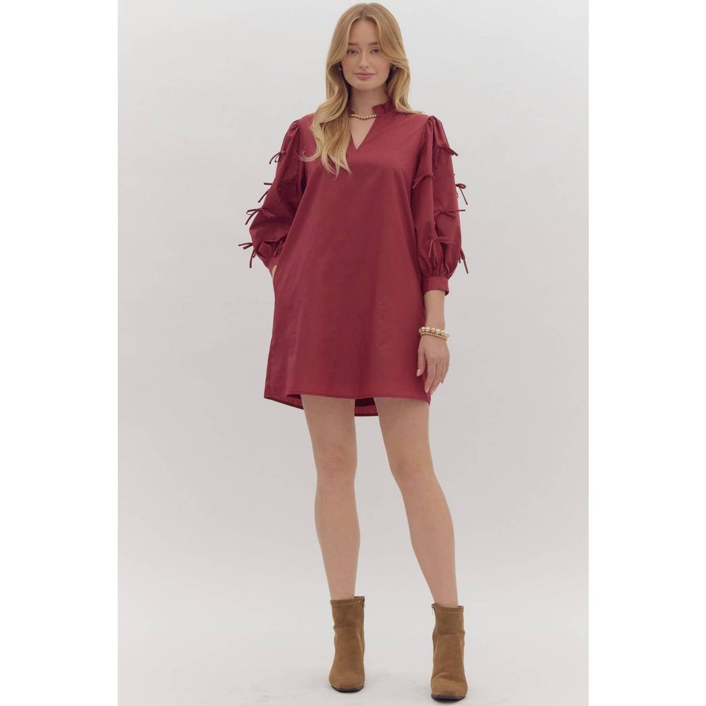 Solid ruffle neck mini pullover dress