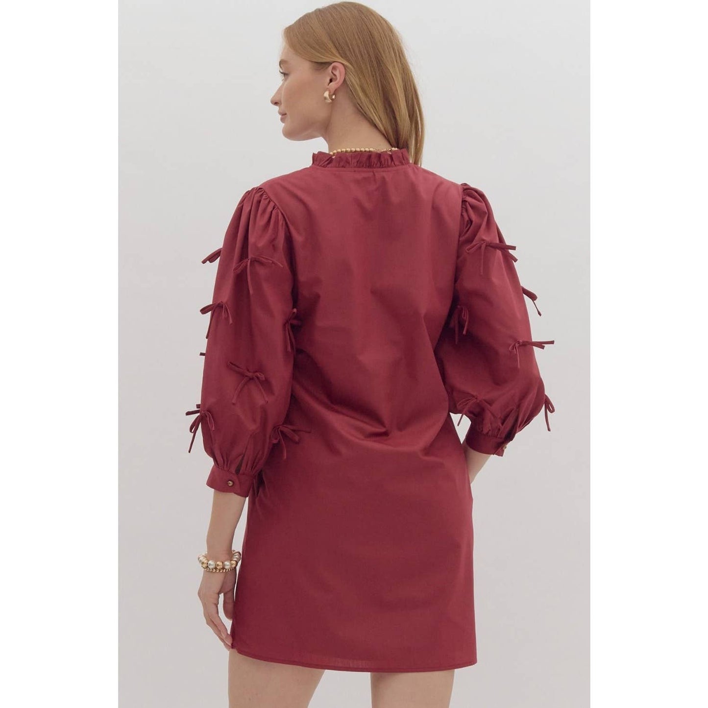 Solid ruffle neck mini pullover dress