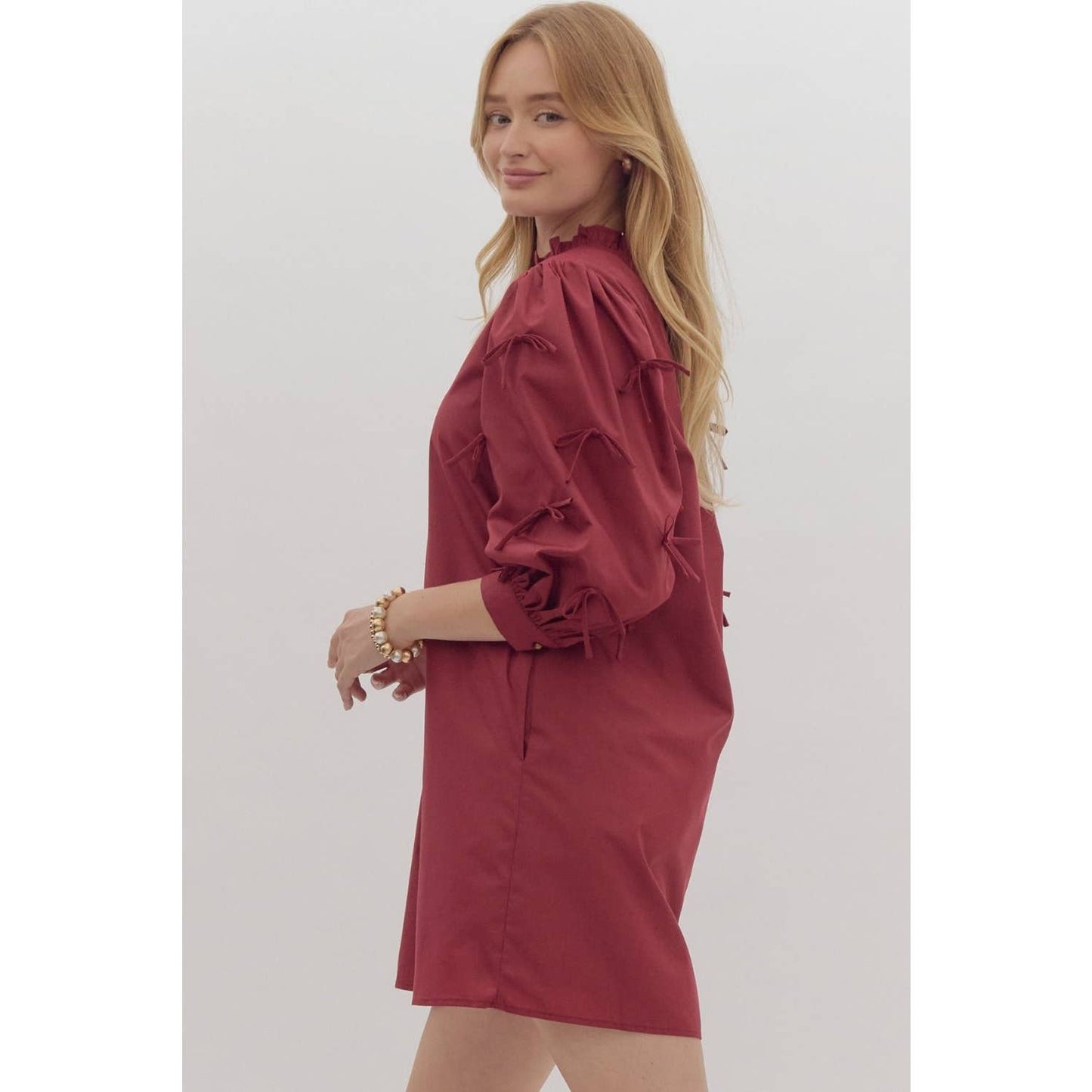Solid ruffle neck mini pullover dress