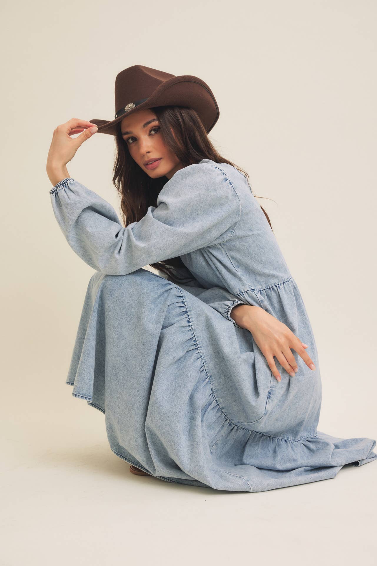 ACID DENIM WASHED WESTERN TIERED MIDI DRESS WITH BACK TIE