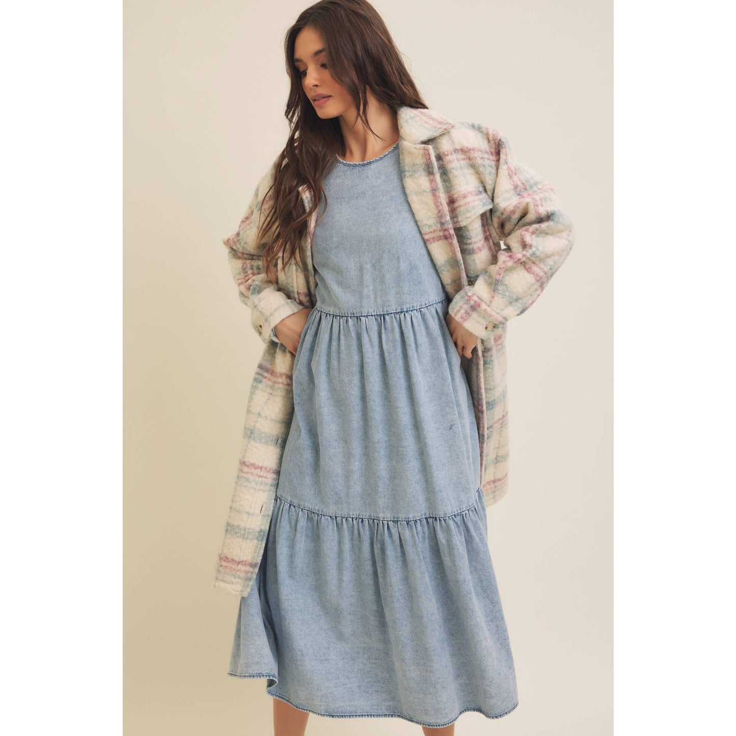 ACID DENIM WASHED WESTERN TIERED MIDI DRESS WITH BACK TIE