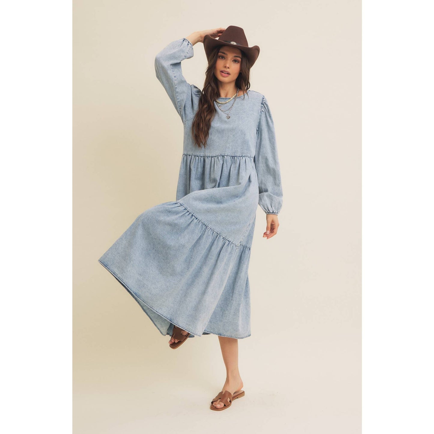 ACID DENIM WASHED WESTERN TIERED MIDI DRESS WITH BACK TIE