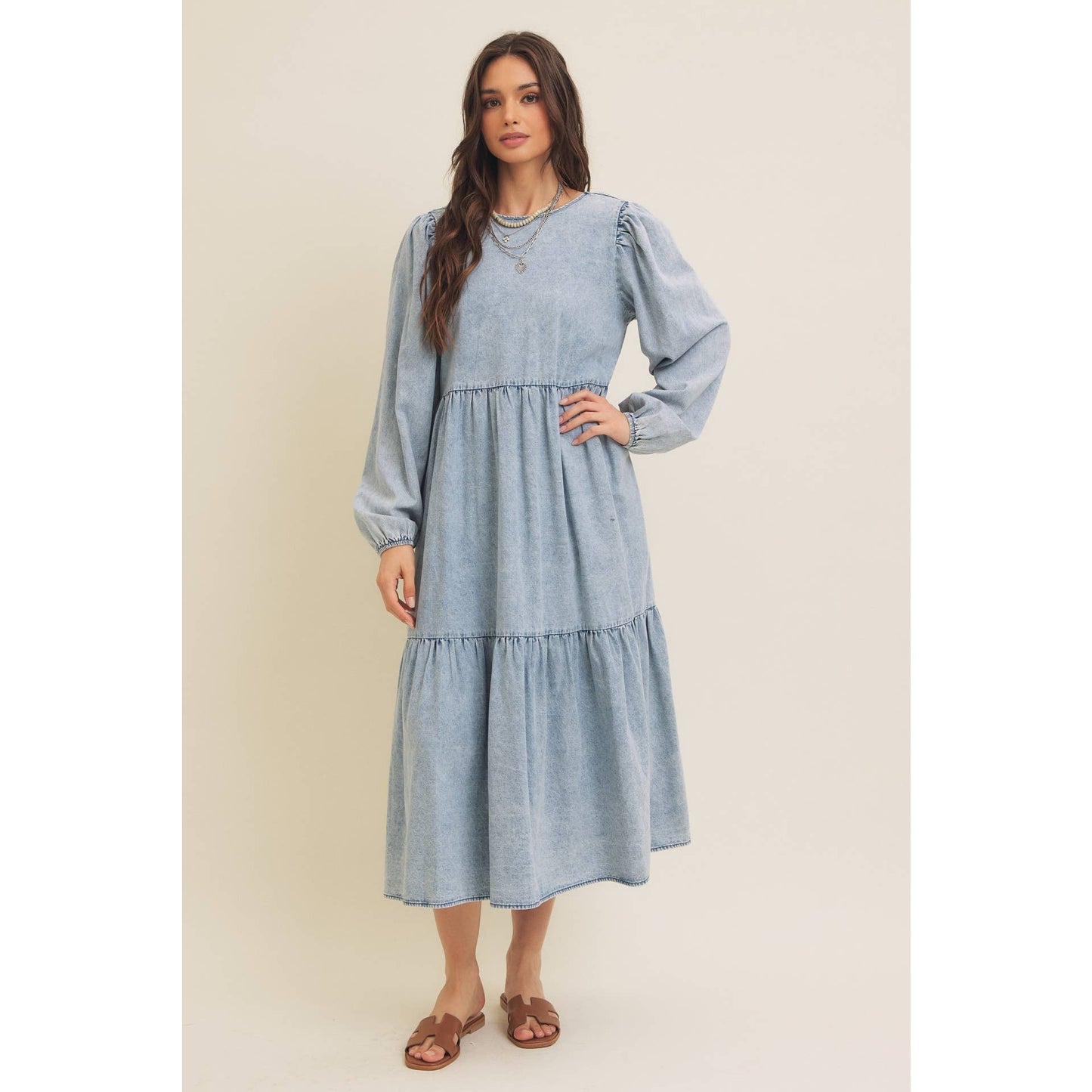 ACID DENIM WASHED WESTERN TIERED MIDI DRESS WITH BACK TIE