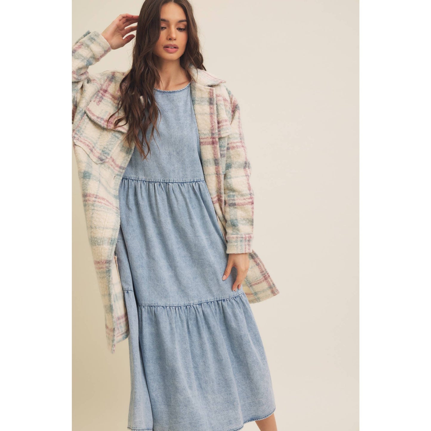 ACID DENIM WASHED WESTERN TIERED MIDI DRESS WITH BACK TIE