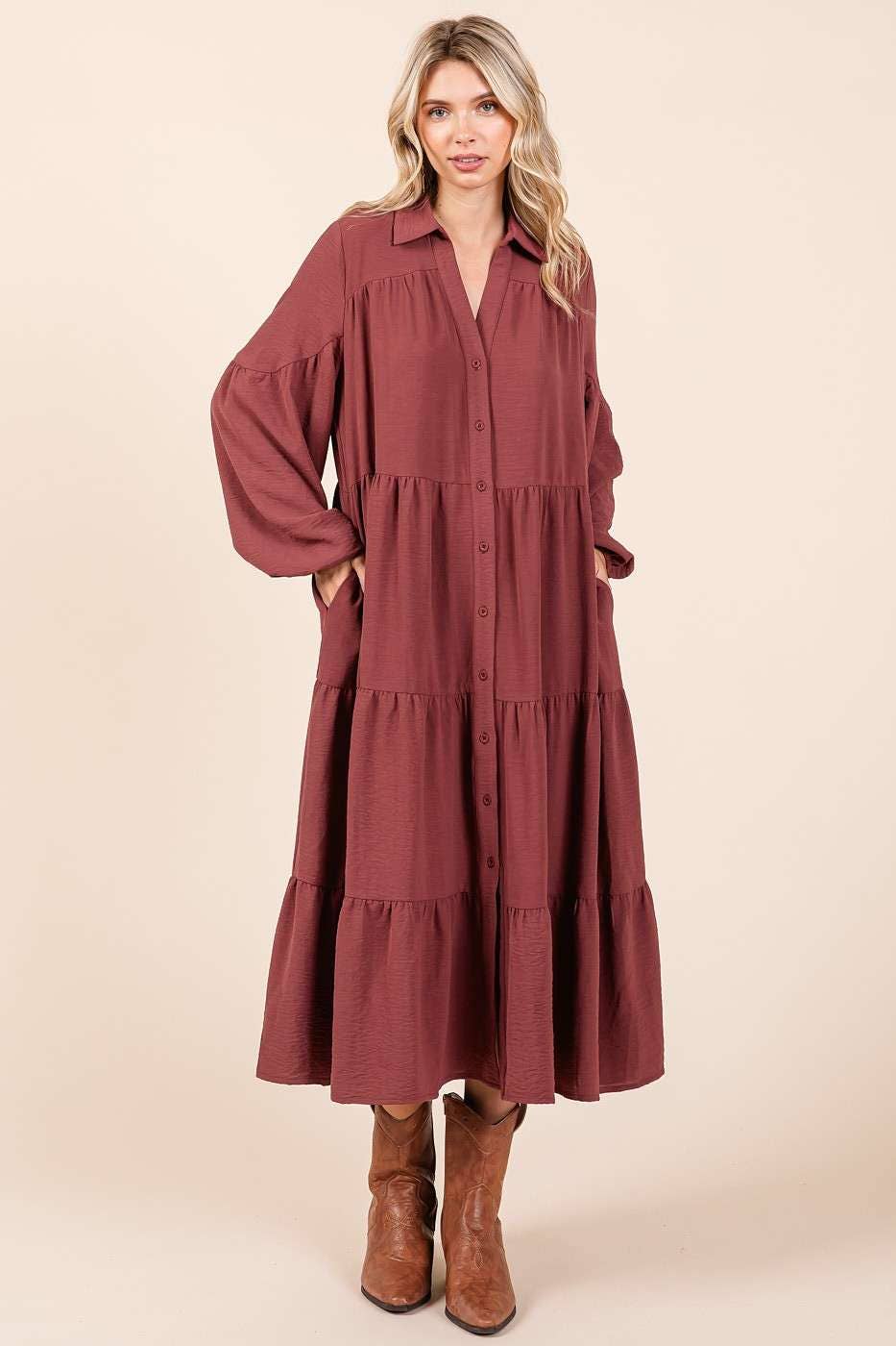 AIRFLOW TIERED BUTTON DOWN LONG SLEEVE MAXI DRESS