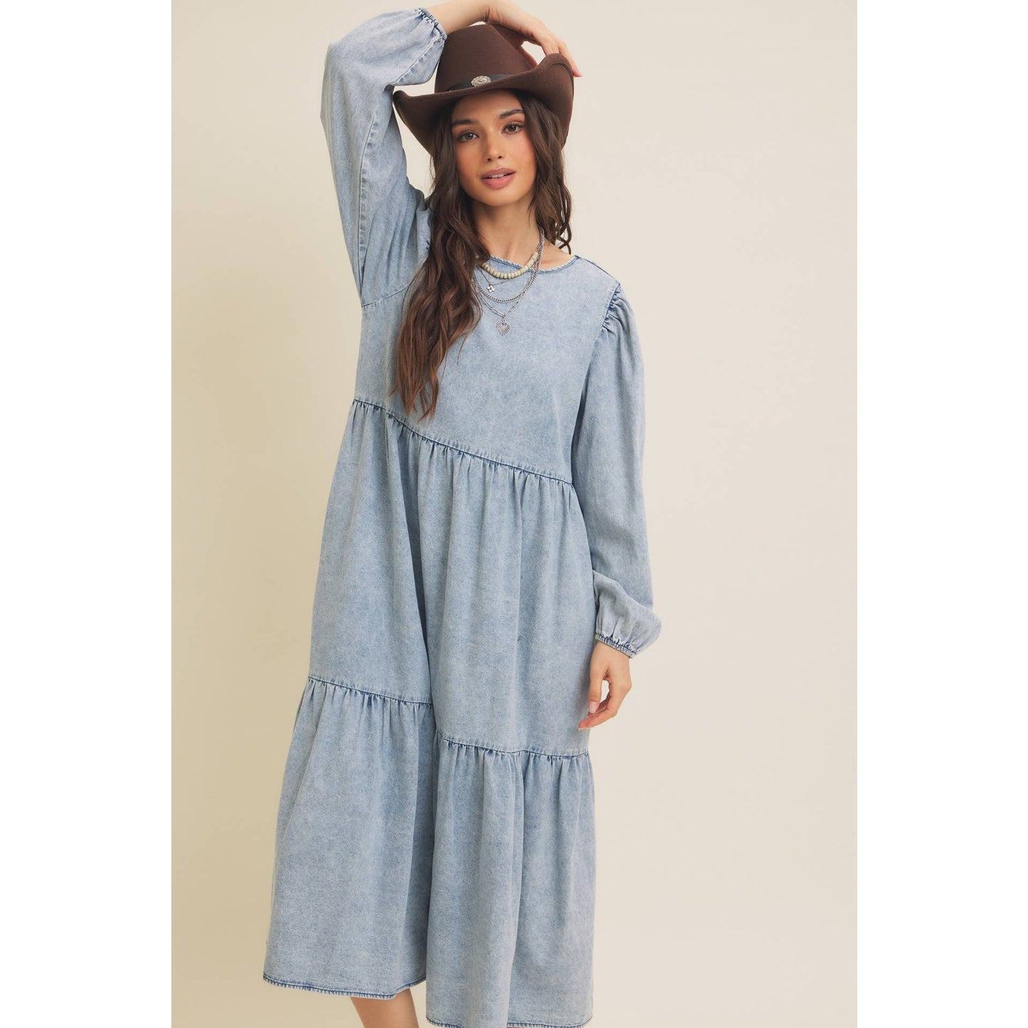 ACID DENIM WASHED WESTERN TIERED MIDI DRESS WITH BACK TIE