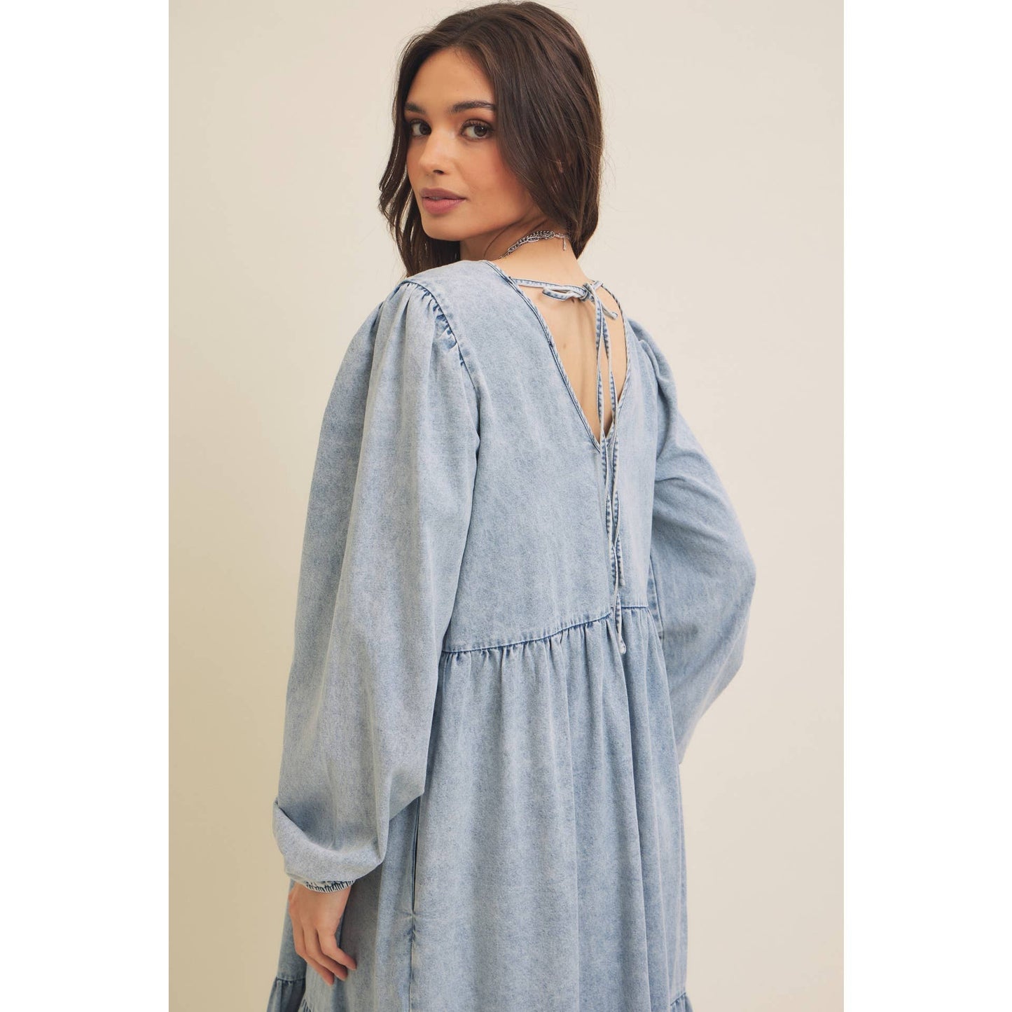 ACID DENIM WASHED WESTERN TIERED MIDI DRESS WITH BACK TIE