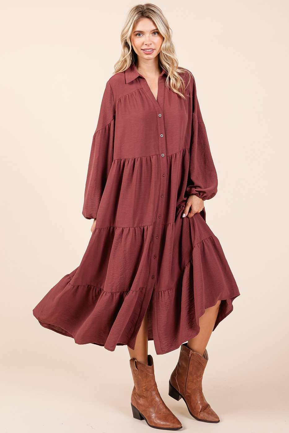 AIRFLOW TIERED BUTTON DOWN LONG SLEEVE MAXI DRESS