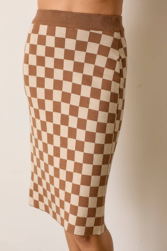 CHECKERED PRINT MIDI SKIRT