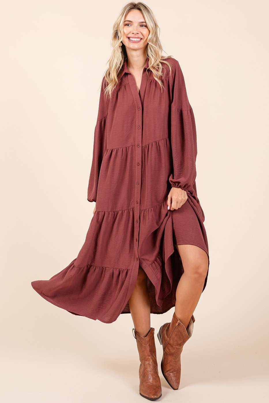 AIRFLOW TIERED BUTTON DOWN LONG SLEEVE MAXI DRESS