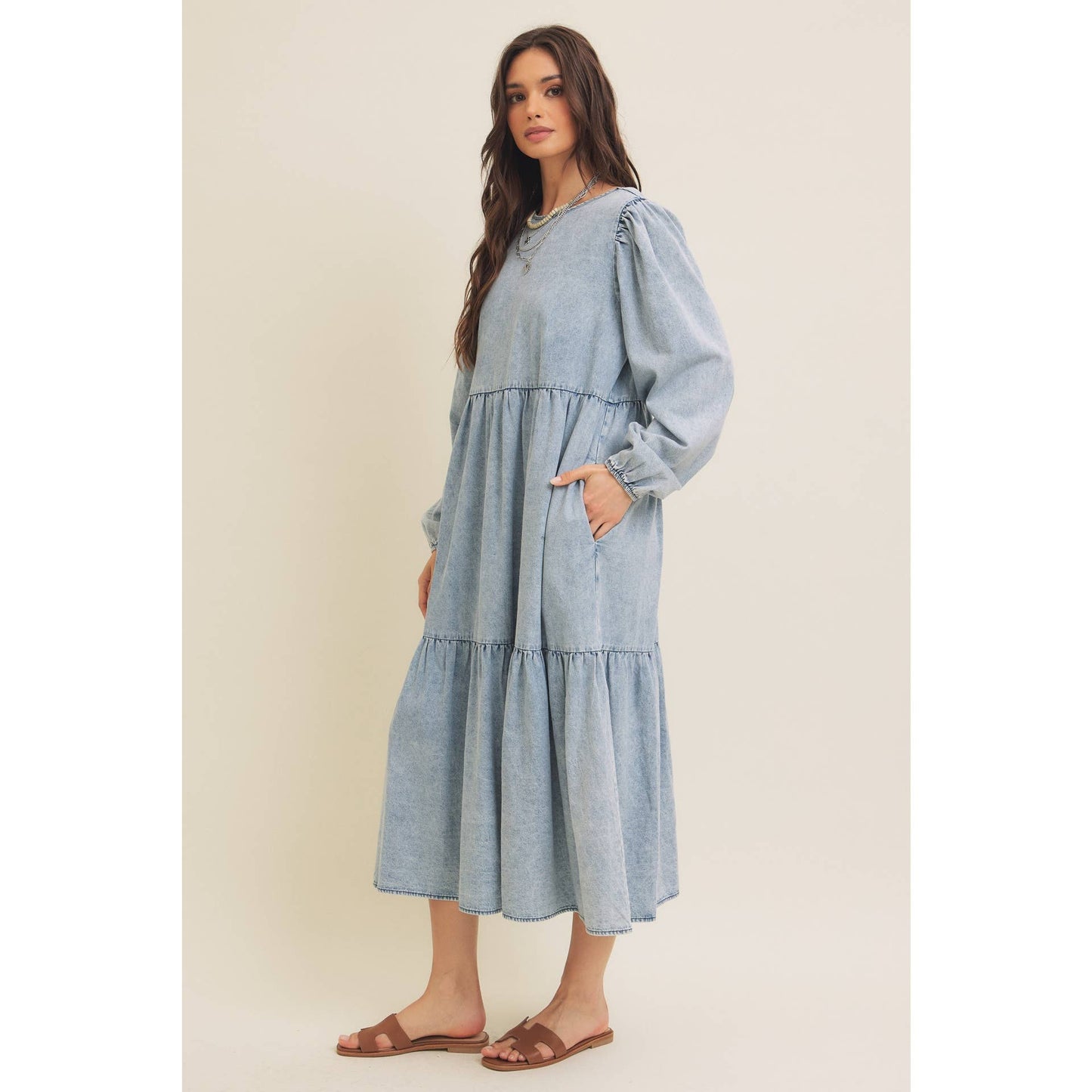 ACID DENIM WASHED WESTERN TIERED MIDI DRESS WITH BACK TIE