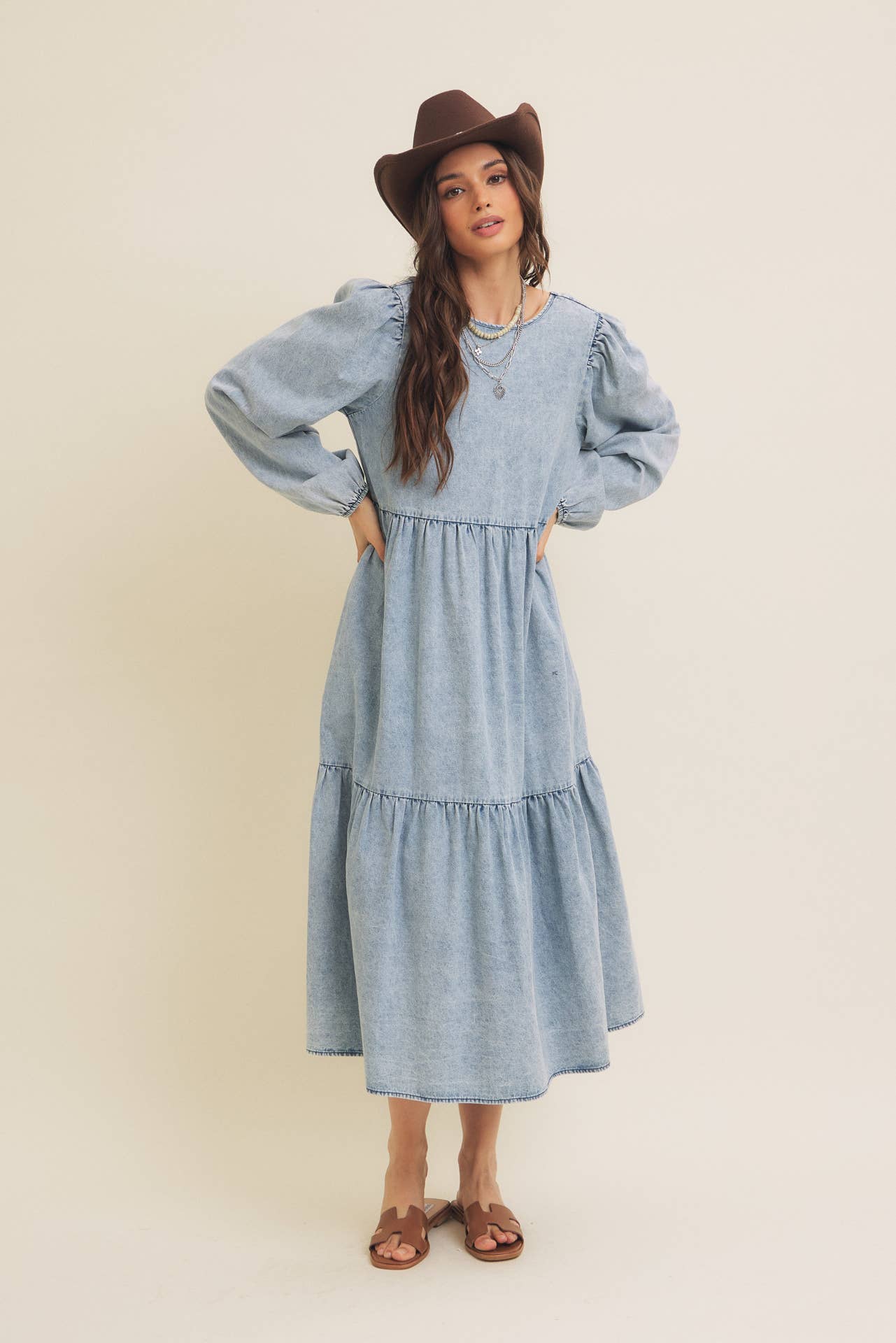 ACID DENIM WASHED WESTERN TIERED MIDI DRESS WITH BACK TIE