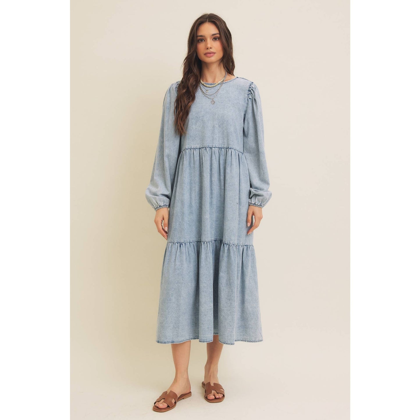 ACID DENIM WASHED WESTERN TIERED MIDI DRESS WITH BACK TIE