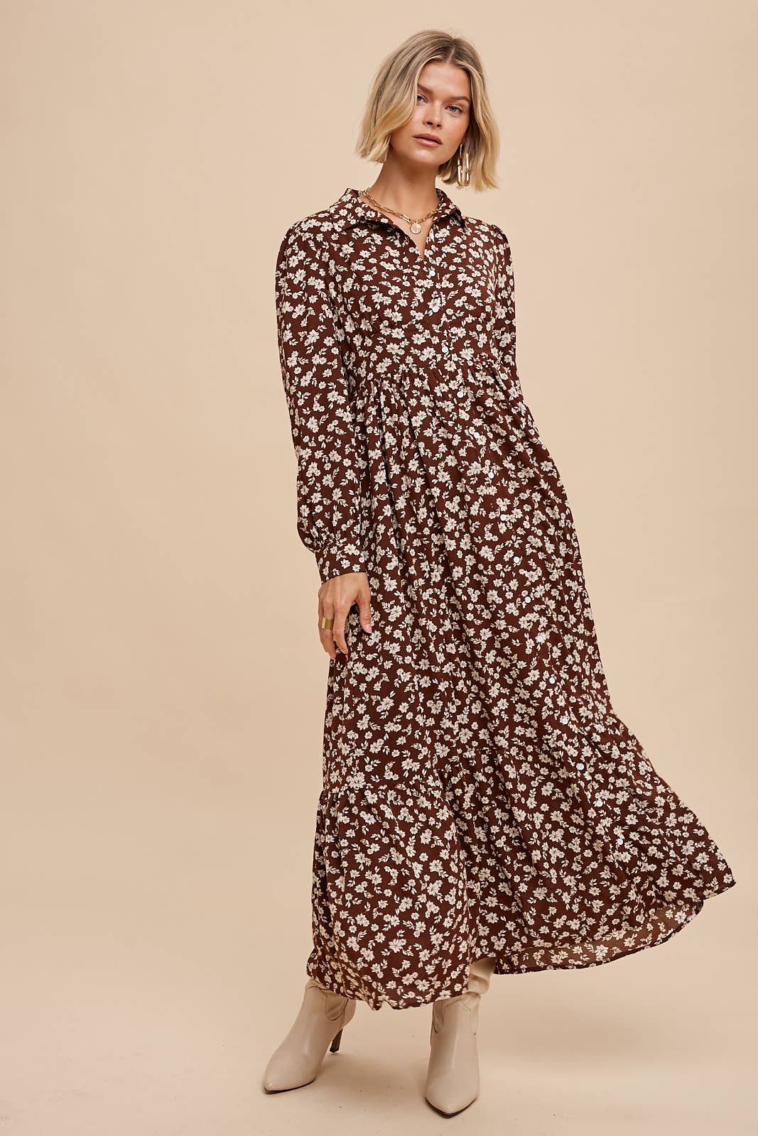 FLORAL COLLAR BUTTON DOWN MAXI DRESS