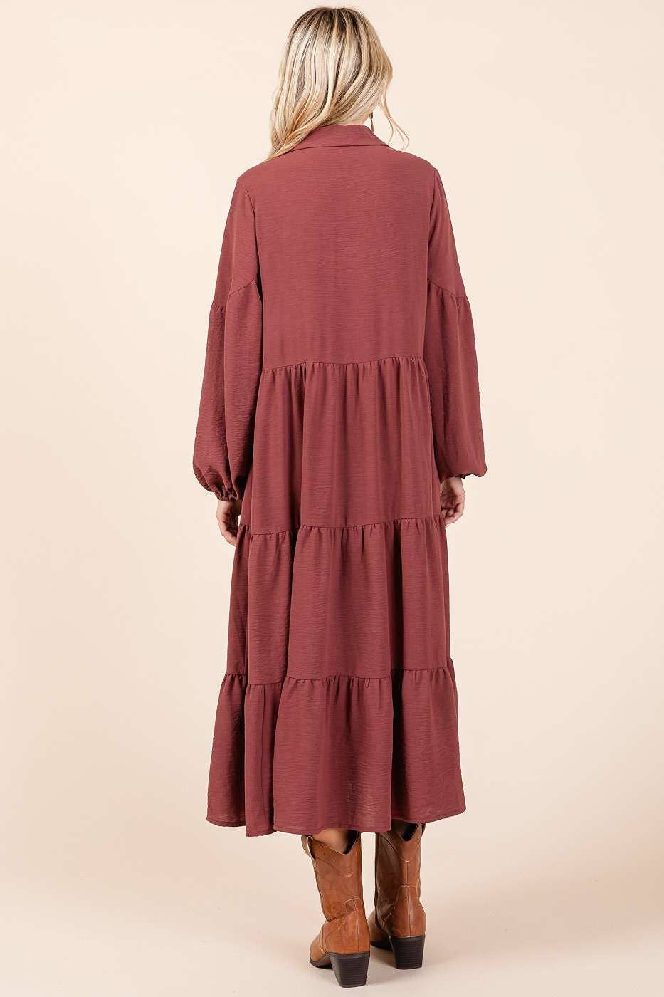 AIRFLOW TIERED BUTTON DOWN LONG SLEEVE MAXI DRESS