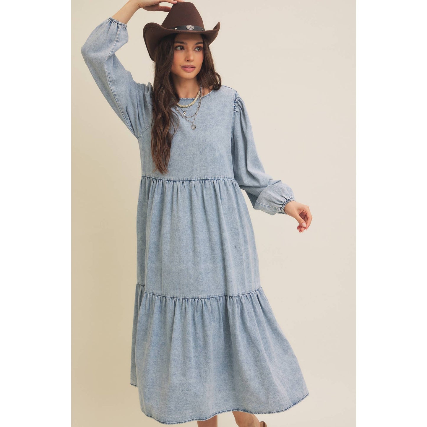 ACID DENIM WASHED WESTERN TIERED MIDI DRESS WITH BACK TIE