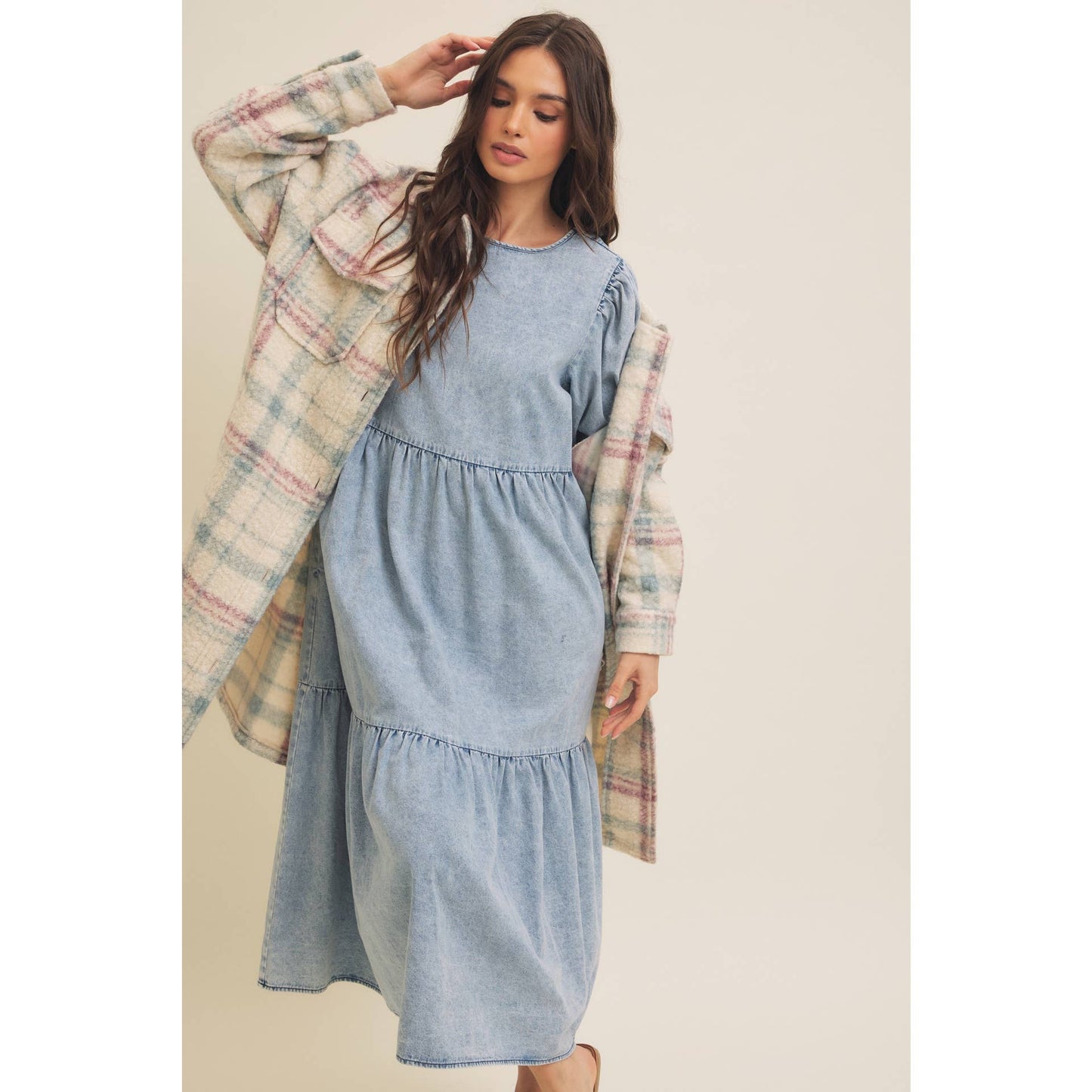 ACID DENIM WASHED WESTERN TIERED MIDI DRESS WITH BACK TIE