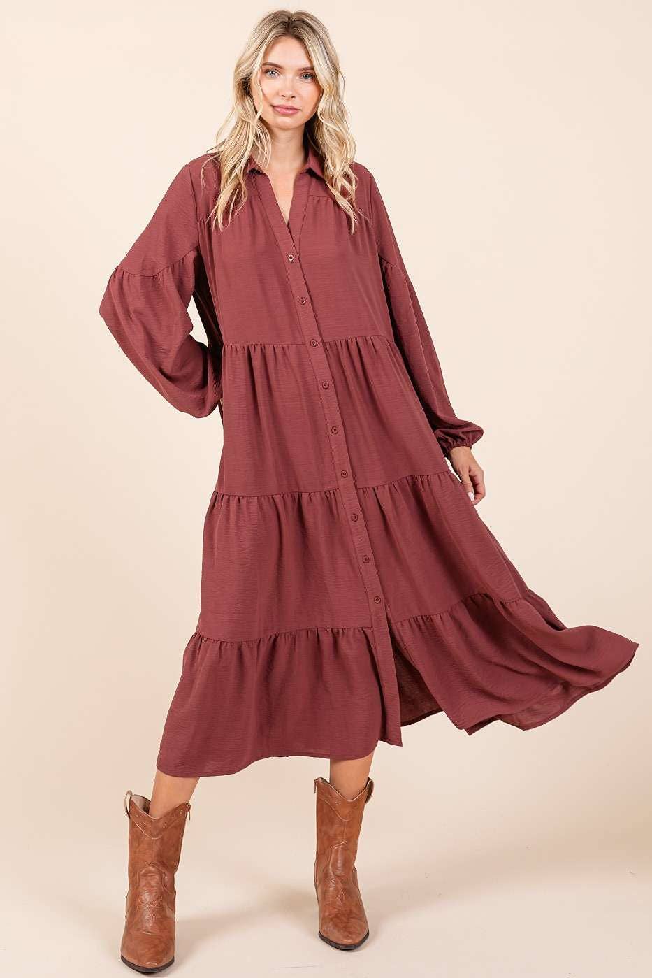 AIRFLOW TIERED BUTTON DOWN LONG SLEEVE MAXI DRESS