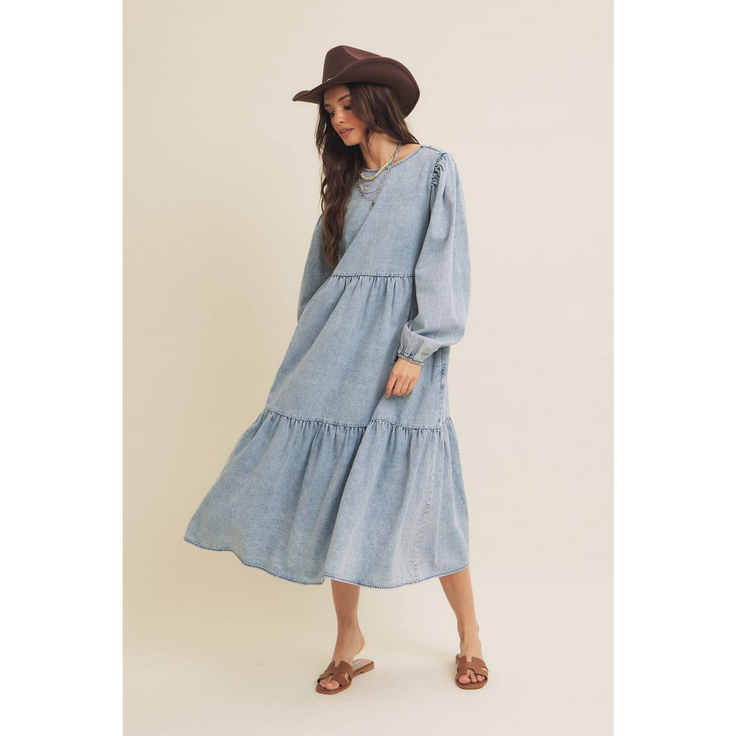 ACID DENIM WASHED WESTERN TIERED MIDI DRESS WITH BACK TIE