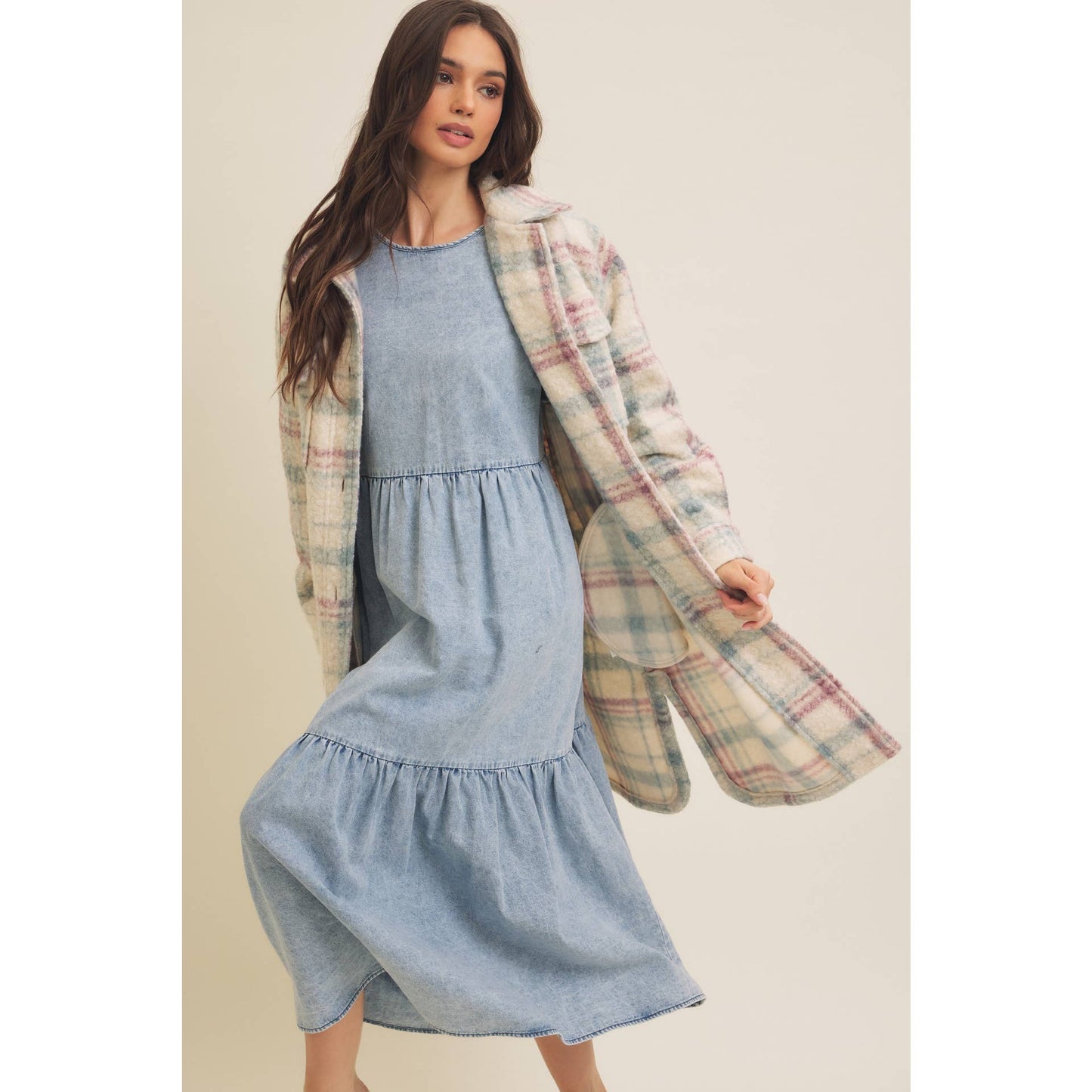 ACID DENIM WASHED WESTERN TIERED MIDI DRESS WITH BACK TIE