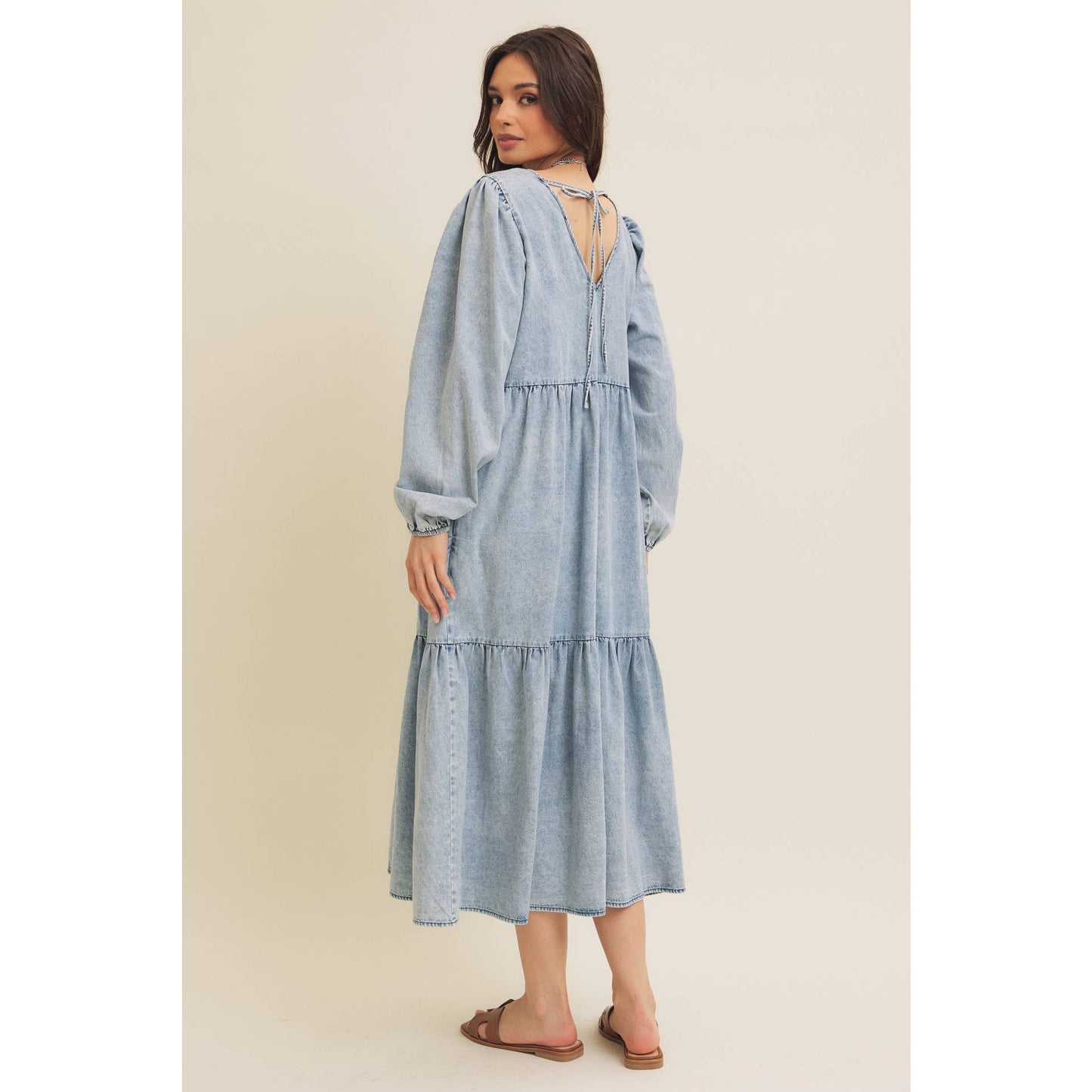 ACID DENIM WASHED WESTERN TIERED MIDI DRESS WITH BACK TIE